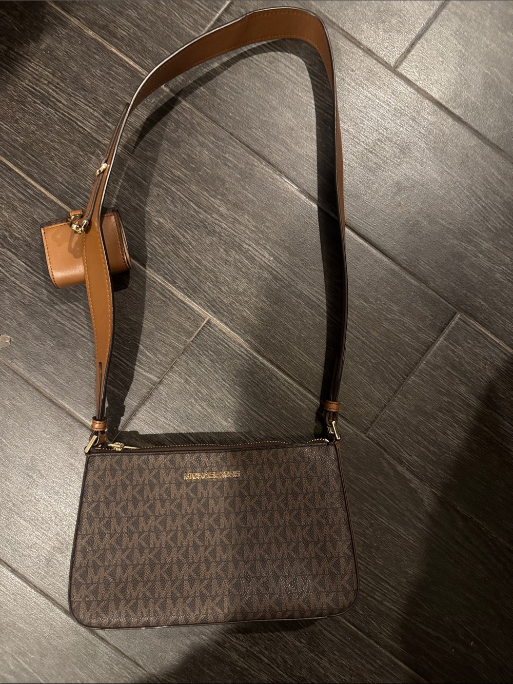 Michael Kors Brown Monogram Crossbody with Tan Strap